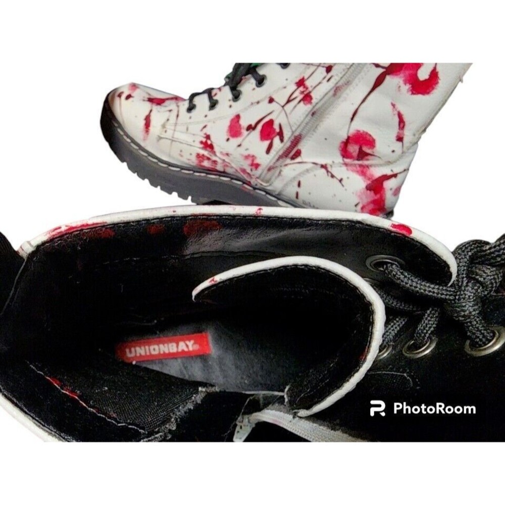 Blood Splatter White Combat Boots Womens 8.5 Unisex Union Bay OOAK Artist Signed - Picture 7 of 8